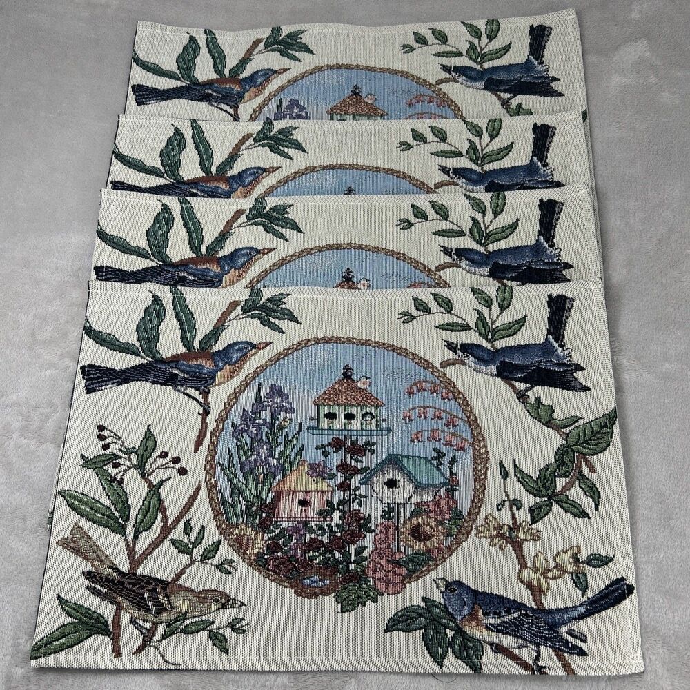 4 Tapestry Placemat Birdhouse Floral Garden Country Cottage Art 17.5 x 12”
